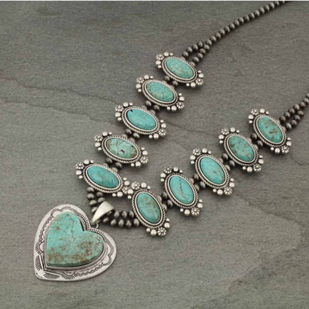 Full Squash Blossom Heart Faux Turquoise Necklace